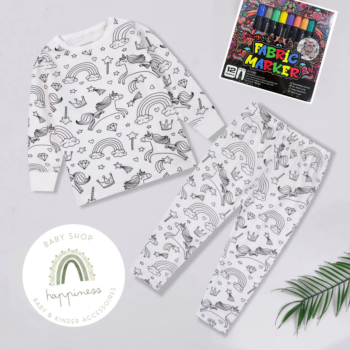 Pyjama unicorn - om zelf in te kleuren - cadeautip - verjaardag - met 12 stiften - Maat 110/116 - 5 jaar