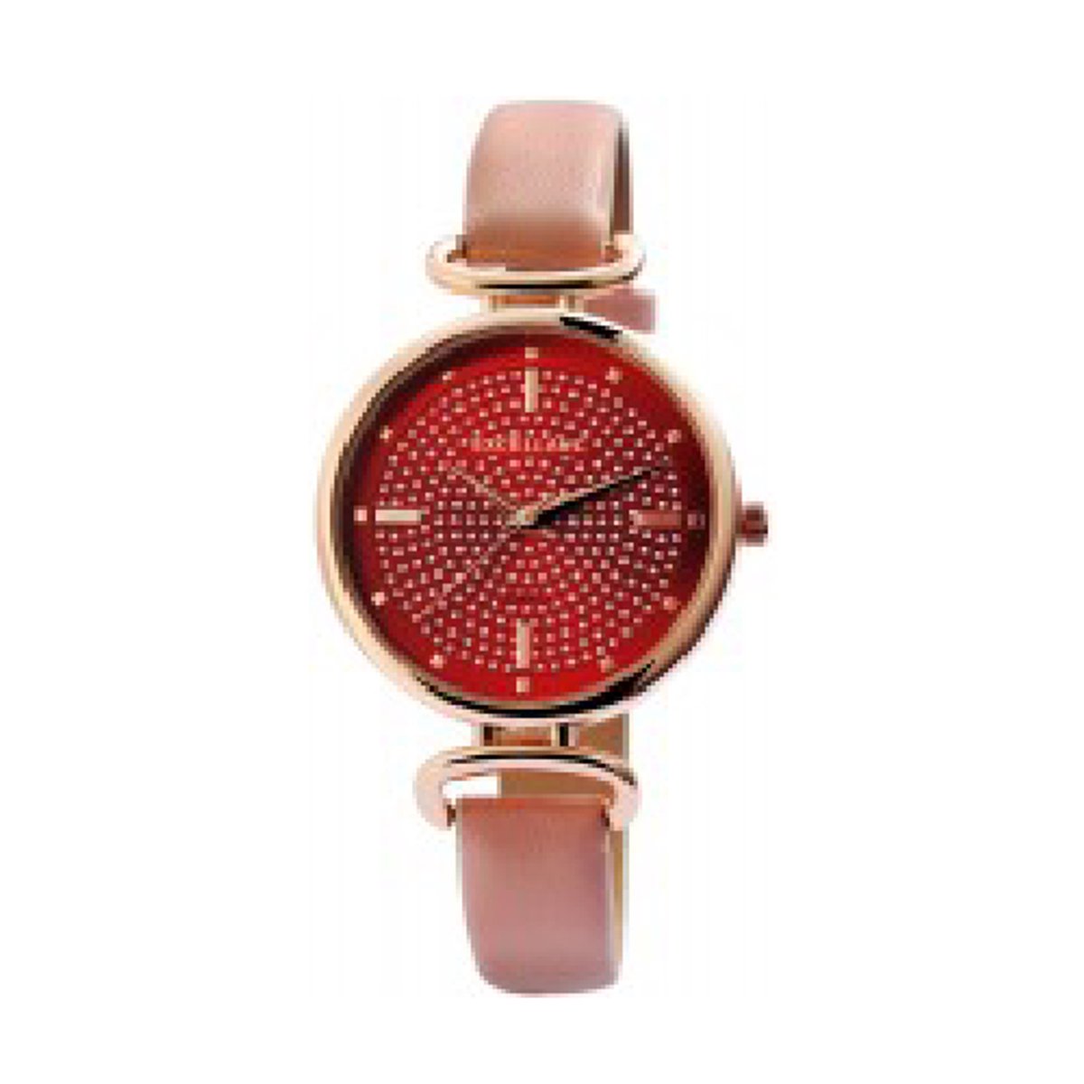 Excellanc-dameshorloge-model 1900235-005-rosekleurig-rode wijzerplaat-zalmroze band-3 atm waterdicht diameter 32 mm