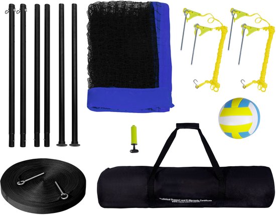 Een complete volleybalset met een net, stalen palen, scheerlijnen, haringen, een bal, pomp en draagtas.