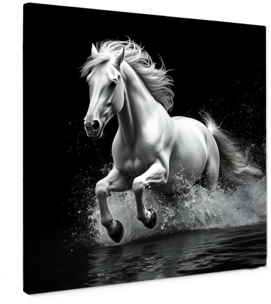Canvas schilderij - White Stallion's Charge - 50x50 cm - Abstracte kunst - Huis decoratie woonkamer - paard muur schilderijen - Wanddecoratie accessoires - Kamer interieur natuur