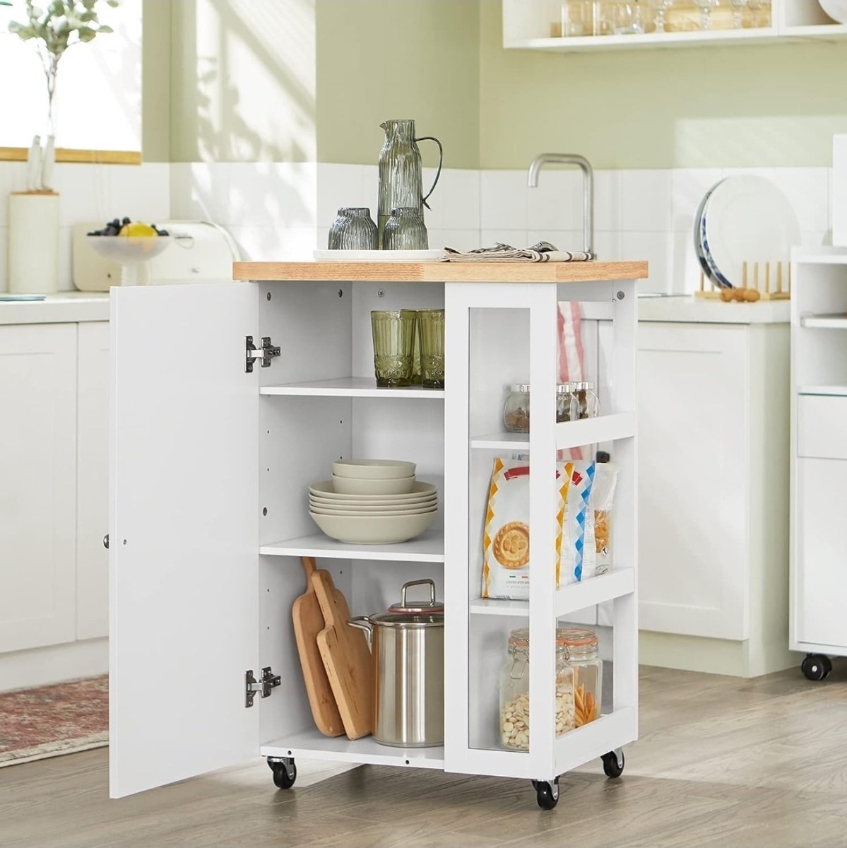 Keukentrolley, Serveerwagen, Trolley Kast Servies met 1 Deur en 3 Planken, Wit, 60x40x90cm