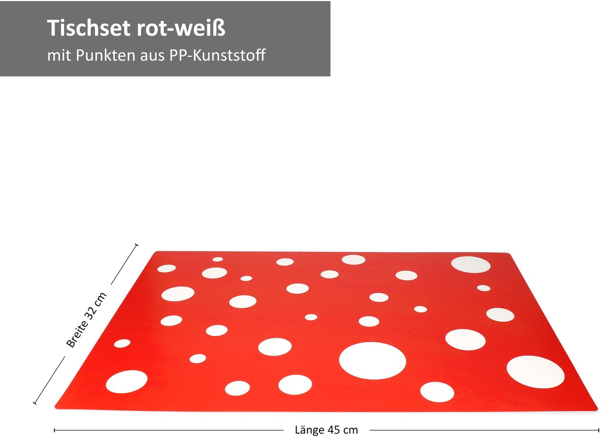 Set van 4 placemats rood met witte stippen 45 x 32 cm