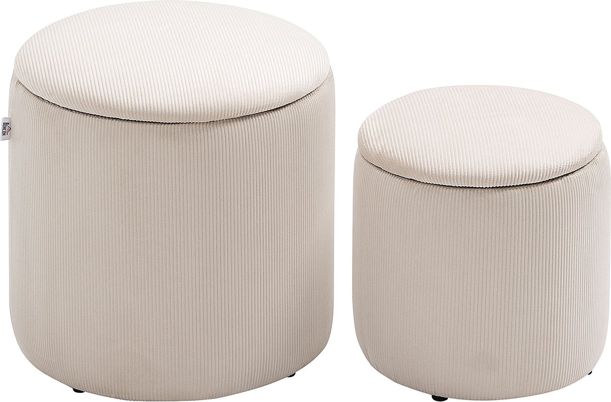 HOMCOM-Sitzhocker-Set-Polyester, Sperrholz-40L x 40B x 41H cm-Cremeweiß