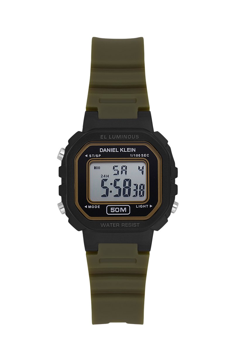 Daniel Klein DK.2326-2 - Horloge - Polshorloge - Digitaal - Afgerond Achthoek - Kinderen - Kunststof band - ABS - Alarm- Datumaanduiding - Achtergrondverlichting - Start-Stop - Moduswissel -Chronograaf - Kakigroen - Zwart - Wit -Bruin -Zilverkleurig