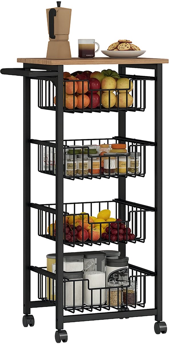 HOMCOM-Küchenwagen-Stahl, MDF-49,5L x 31B x 91H cm-Eiche