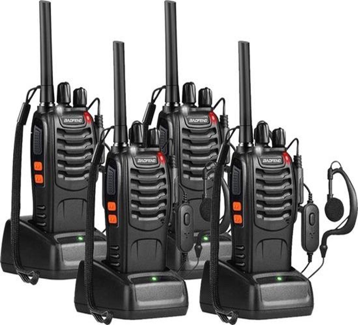 Baofeng Portofoon 88E – Set van 4 Walkie Talkies – PMR446 – 0.5W – Tot 5 km Bereik – Met Oortjes – LED Zaklamp – Oplaadbaar – Voor Outdoor, Werk & Beveiliging