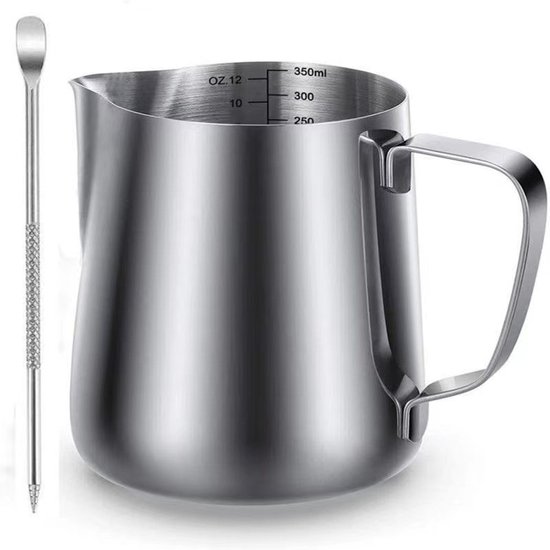 Roestvrijstalen melkkannetje van 350 ml met maatstreepjes en een latte art pen.