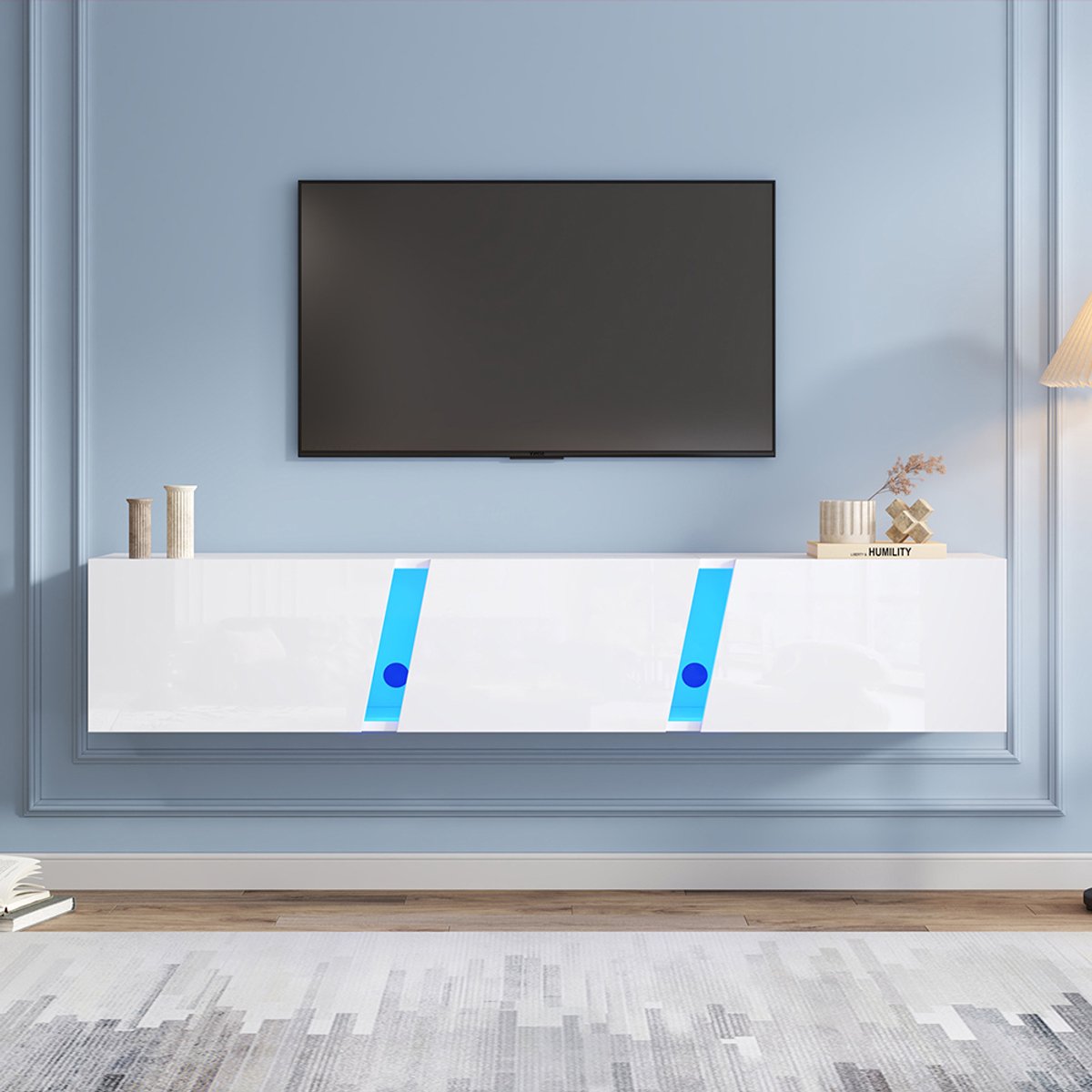 Pugsdrly 180 x 35 x 30 cm, wand-tv-meubel, laag tv-meubel met led-lampen, tv-meubel met 3 