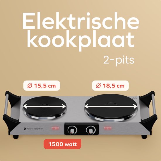 KitchenBrothers Elektrische Kookplaat - 2 Pits - 2500W - RVS