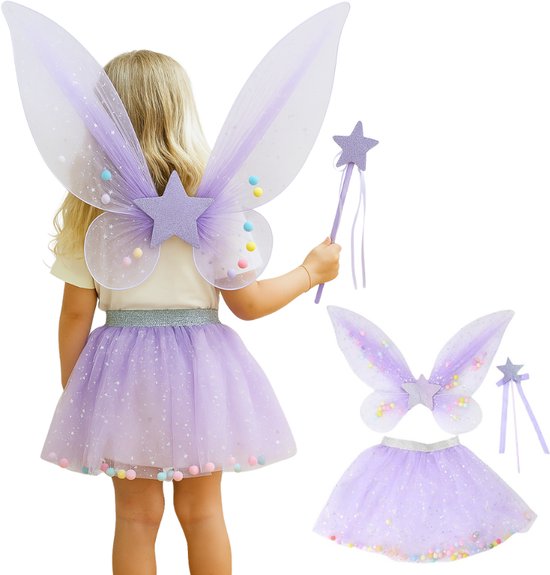 Joya Kids® Tuin Vlinder Fee Verkleedset voor Meisjes | Fëen Tutu verkleedkleding | Prinsessencape | Cape Set | Unicorn | Meisje Verkleedset | Carnvalskleding Halloween Meisjes | Met Haarband, Staf, Vleugels en Tutu | Lila | Licht Paars