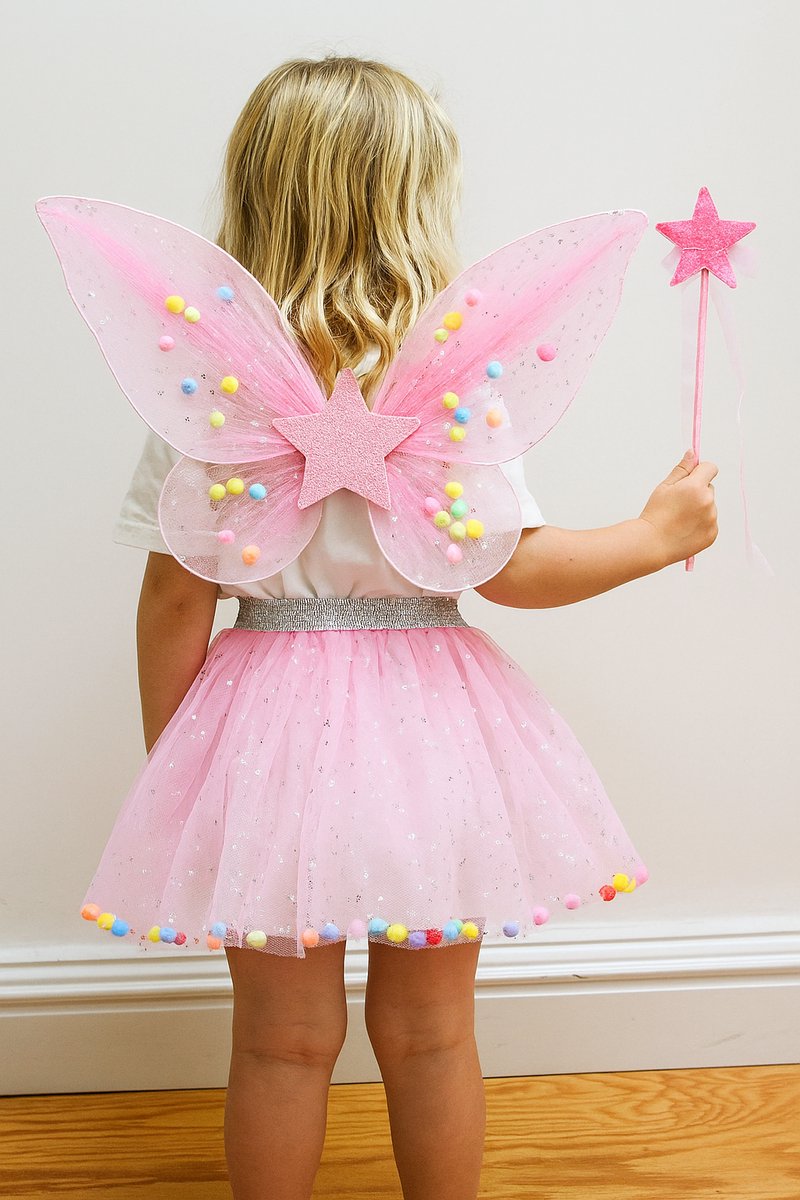 Joya Kids® Tuin Vlinder Fee Verkleedset voor Meisjes | Fëen Tutu verkleedkleding | Prinsessencape | Cape Set | Unicorn | Meisje Verkleedset | Carnvalskleding Halloween Meisjes | Met Haarband, Staf, Vleugels en Tutu | Licht Roze — afbeelding 2