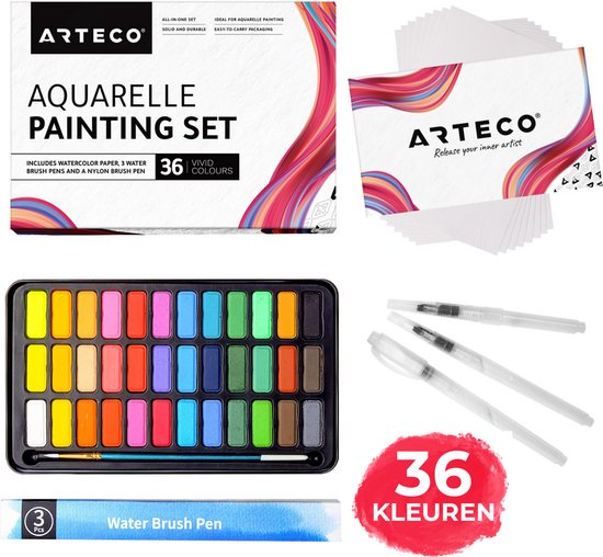 Set de 36 pinceaux à eau en couleurs avec bloc de dessin, 3 stylos pinceaux et boîte cadeau