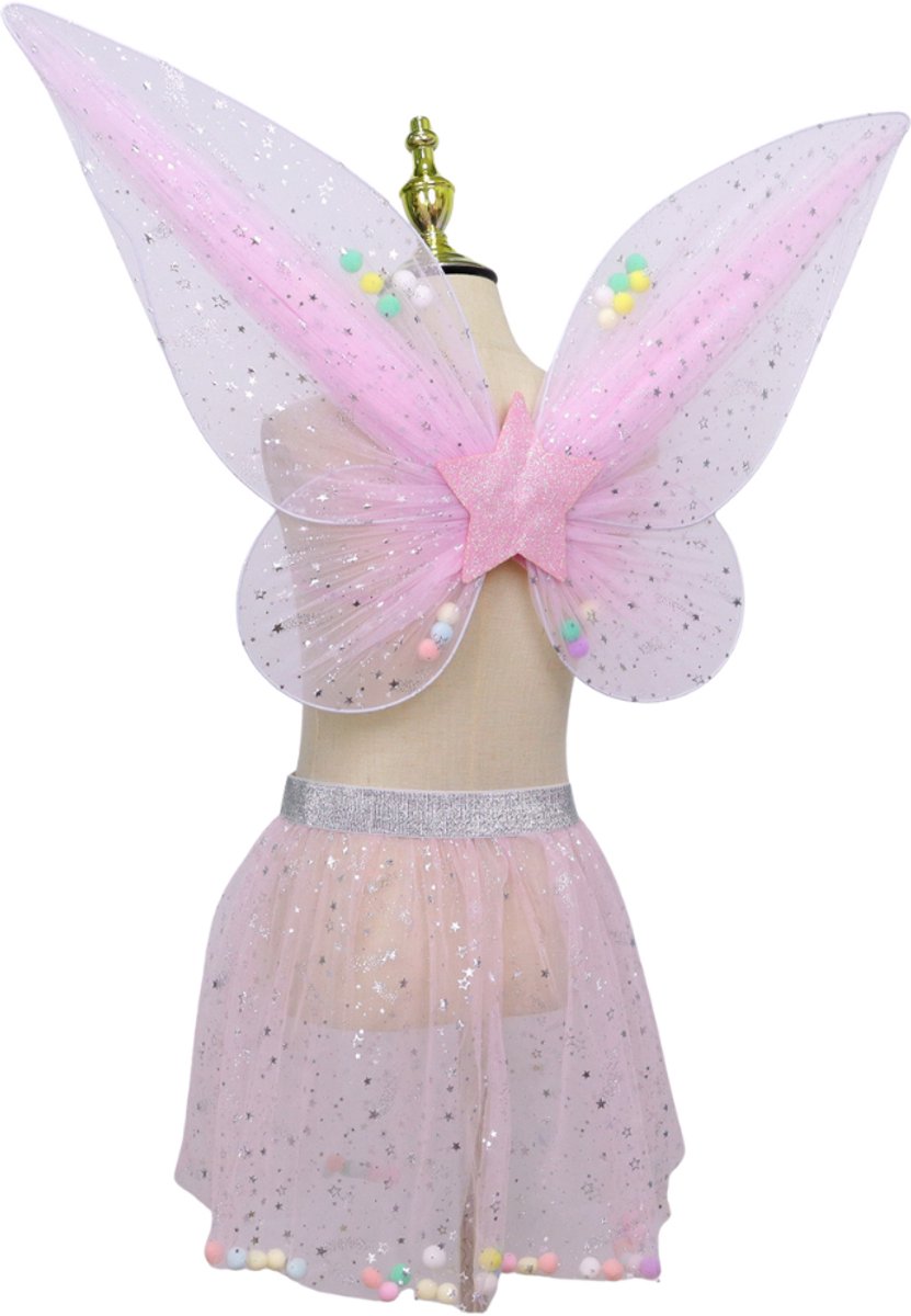 Joya Kids® Tuin Vlinder Fee Verkleedset voor Meisjes | Fëen Tutu verkleedkleding | Prinsessencape | Cape Set | Unicorn | Meisje Verkleedset | Carnvalskleding Halloween Meisjes | Met Haarband, Staf, Vleugels en Tutu | Licht Roze — afbeelding 8