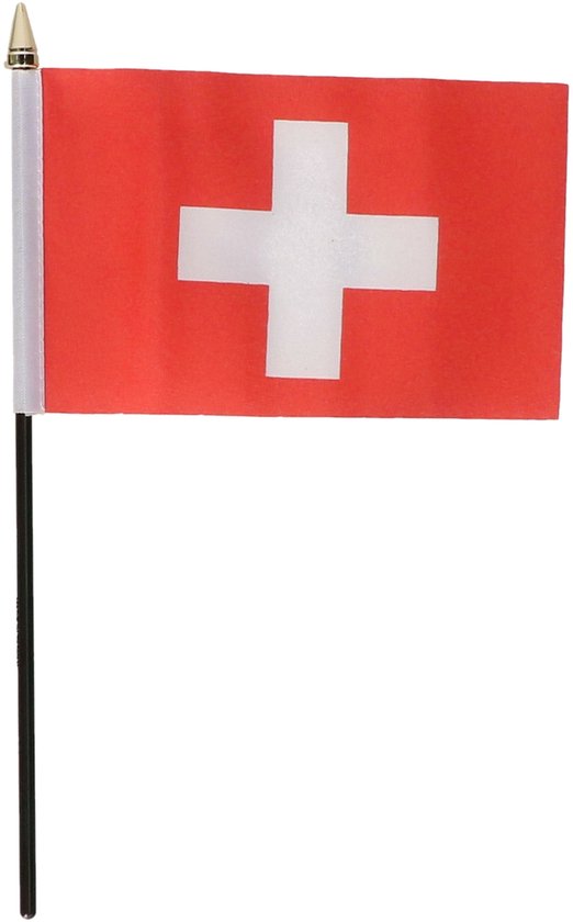 Zwitserland tafelvlaggetjes - 2x stuks - 10 x 15 cm - met gouden standaard - H27 cm - landen versiering - feestartikelen