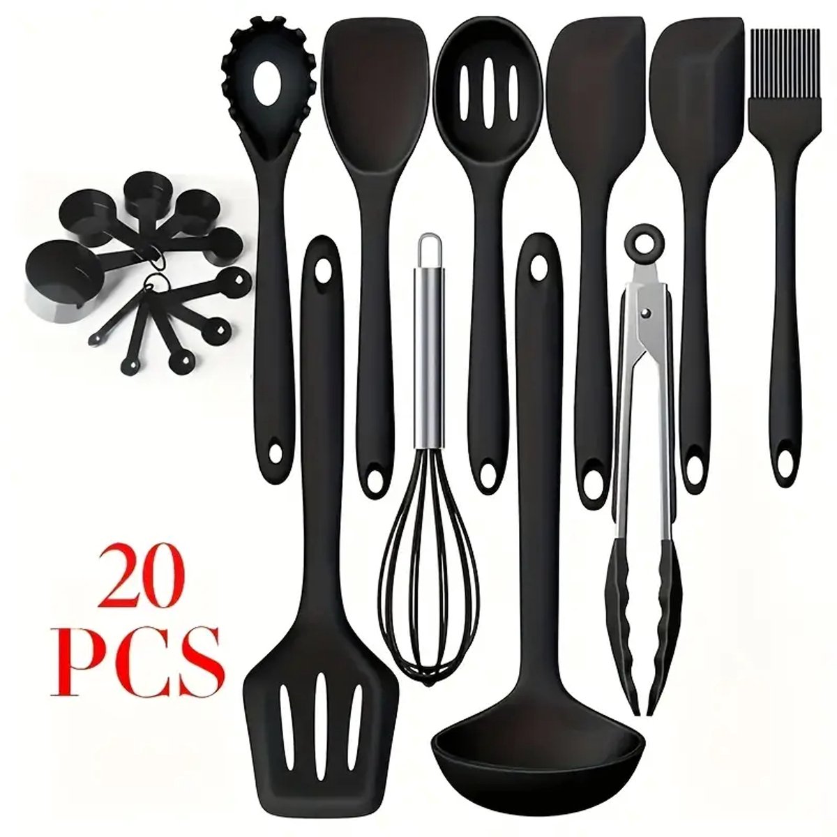 PolkaHome® 20-delige set anti-aanbak siliconen keukengerei, Antiaanbaklaag siliconen lepels, spatelset & kooklepel met lang handvat | Hoge hittebestendigheid, Basiskeukenartikelen voor gemakkelijk koken