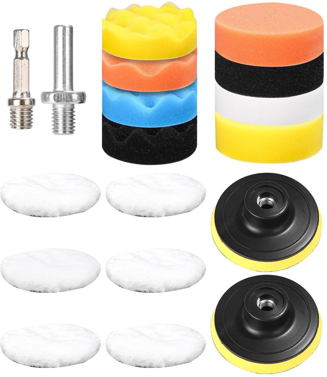 JGS Premium - Polijstpadset voor auto's - 18 stuks - 80 mm - Met adapter - Wolwaspads - Polijstmachine - Waxen
