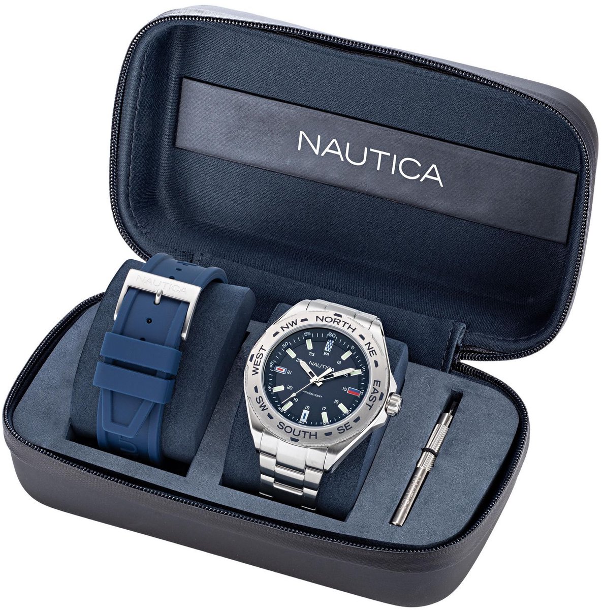 Nautica Clearwater Beach Kwarts Analoog Horloge Zilverkleur Kast: 100 % Roestvrij Staal | Band: 100 % Siliconen 48 mm NAPCWS304, NAPCWS305