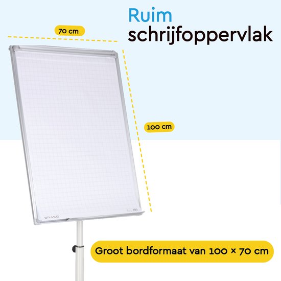 Wit flipoverbord met raster, afmetingen 100x70 cm. "Groot bordformaat van 100 x 70 cm".