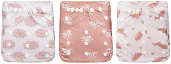 3 Stuks - Verstelbare Oefenbroekjes Waterproof - Zindelijkheidsbroekjes - Wasbare Luiers 3-15 kg - Wolkjes Narwal Zalmroze