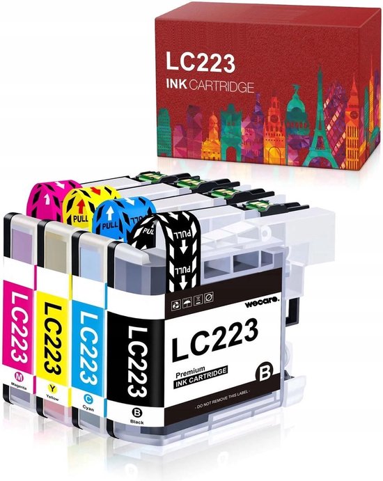 Een pak van vier Brother LC223 inktcartridges, labels met 'LC223', 'Cyan', 'Yellow', 'Magenta', 'Black'. Rode doos met stadsgezichten.