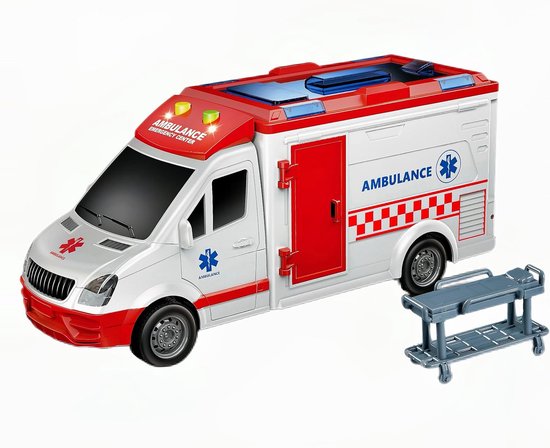 Witte ambulance met rode accenten, blauwe zwaailichten en een brancard. Op de zijkant staat "AMBULANCE" met een blauw kruis.