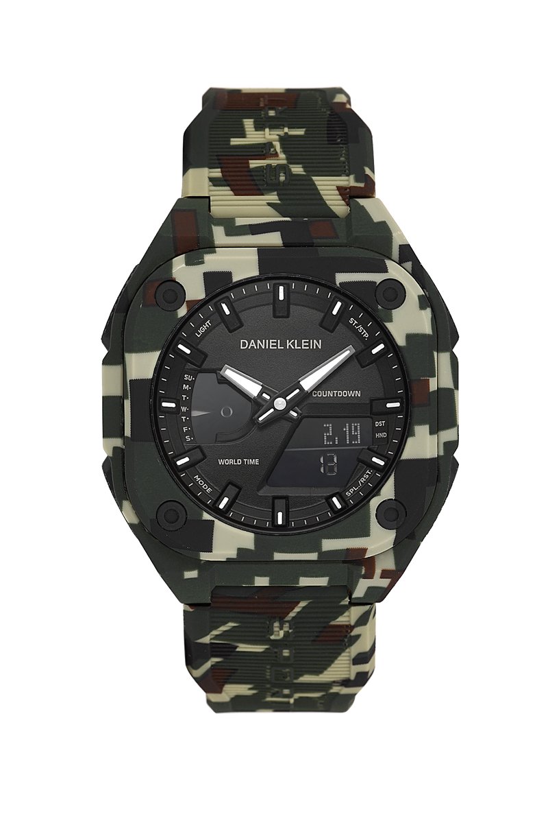 Daniel Klein DK.2328-5 - Horloge - Polshorloge- Analoog- Digitaal- Heren- Mannen- Achthoek- Rubberen band- ABS- Strepen-Reset-12-24u -Start-Stop- Alarm -Stopwatch-Timer- Datumaanduiding -Achtergrondverlichting- Donkergroen- Lichtgroen-Zwart-Bruin-Wit