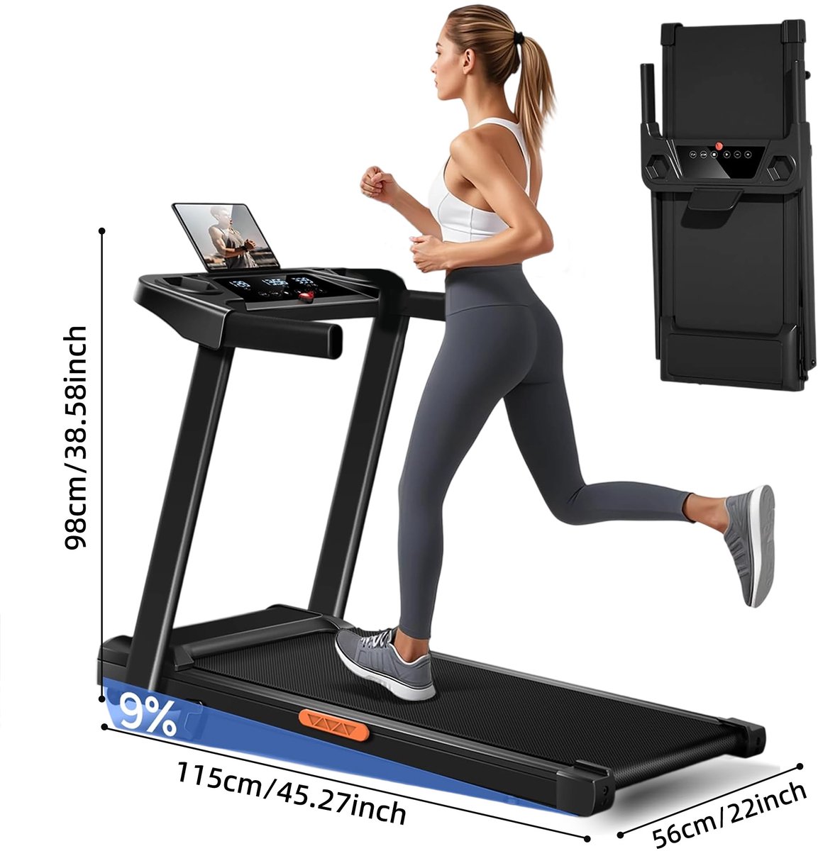 Afbeelding 2 van Loopband voor thuis Opvouwbaar met helling 9%, loopband 12KM/H, loopband voor thuis met 3.0 PK motor en 12 vooraf ingestelde programma's, Max belasting 136KG
