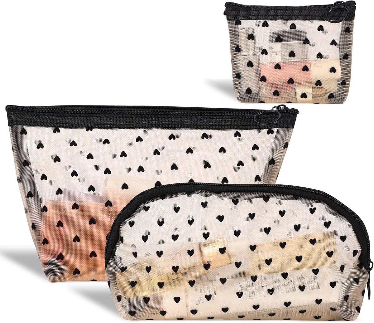 Set van 3 Mesh Make-up Tasjes met Hartprint - Draagbare Reisorganisatie Tas met Rits - Make-up Tasje - Groot - Zwart