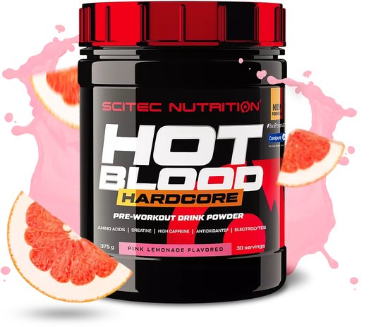 Foto: Scitec nutrition hot blood hardcore 375 gram pink lemonade citrusvrucht 30 doseringen krachtige pre workout formule