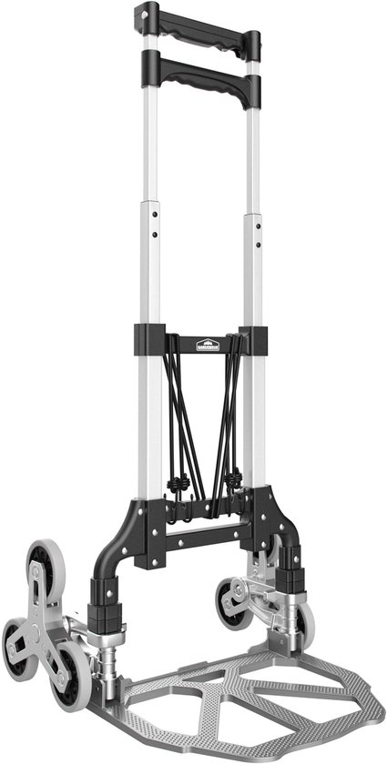 Zilverkleurige, opvouwbare steekwagen met aluminium handgreep en zwarte accenten.