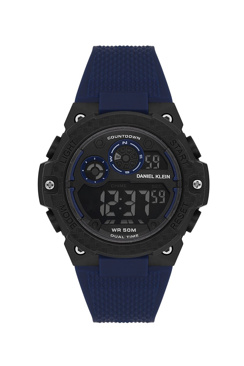 Daniel Klein DK.2337-1 - Horloge- Polshorloge - Digitaal - Heren- Mannen - Rond- Rubberen band - ABS- Achtergrondverlichting- Uursignaal -Dual Time - Alarm - Datumaanduiding - Kalender - Start-Stop - 12h-24U - Stopwatch- Reset- Donkerblauw- Zwart-Wit