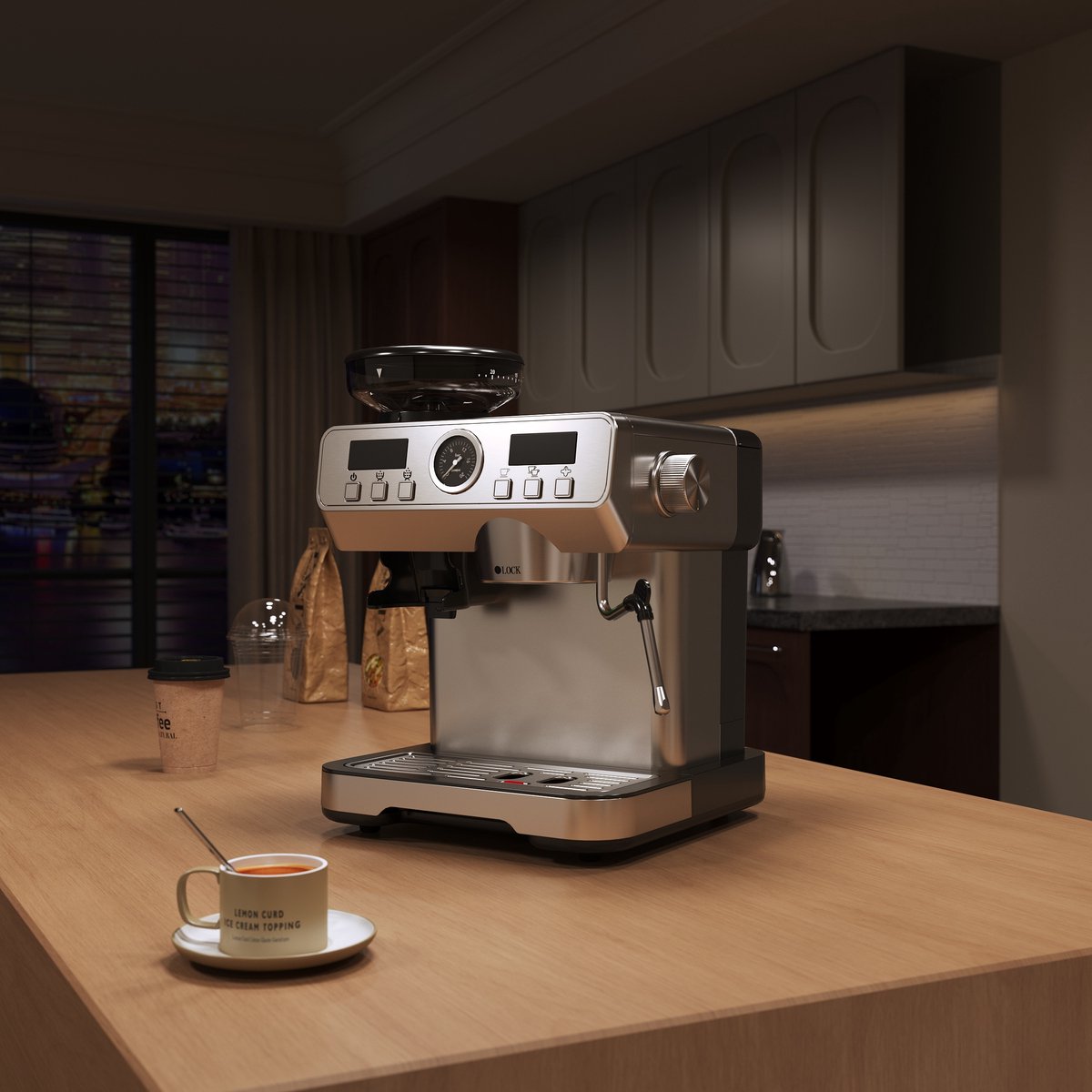 Bresco® Barista Espressomachine – Pistonmachine met Koffiemolen – RVS Koffiemachine melkopschuimer – Bonenmaler – Brushed Stainless Steel — afbeelding 5