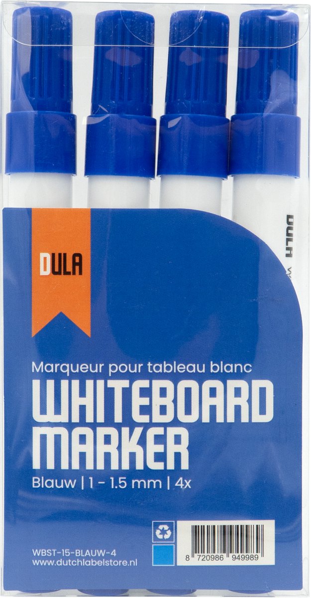 Whiteboardstiften blauw Set van 4 – Whiteboard markers met ronde punt - 4 stuks - Blauw - DULA