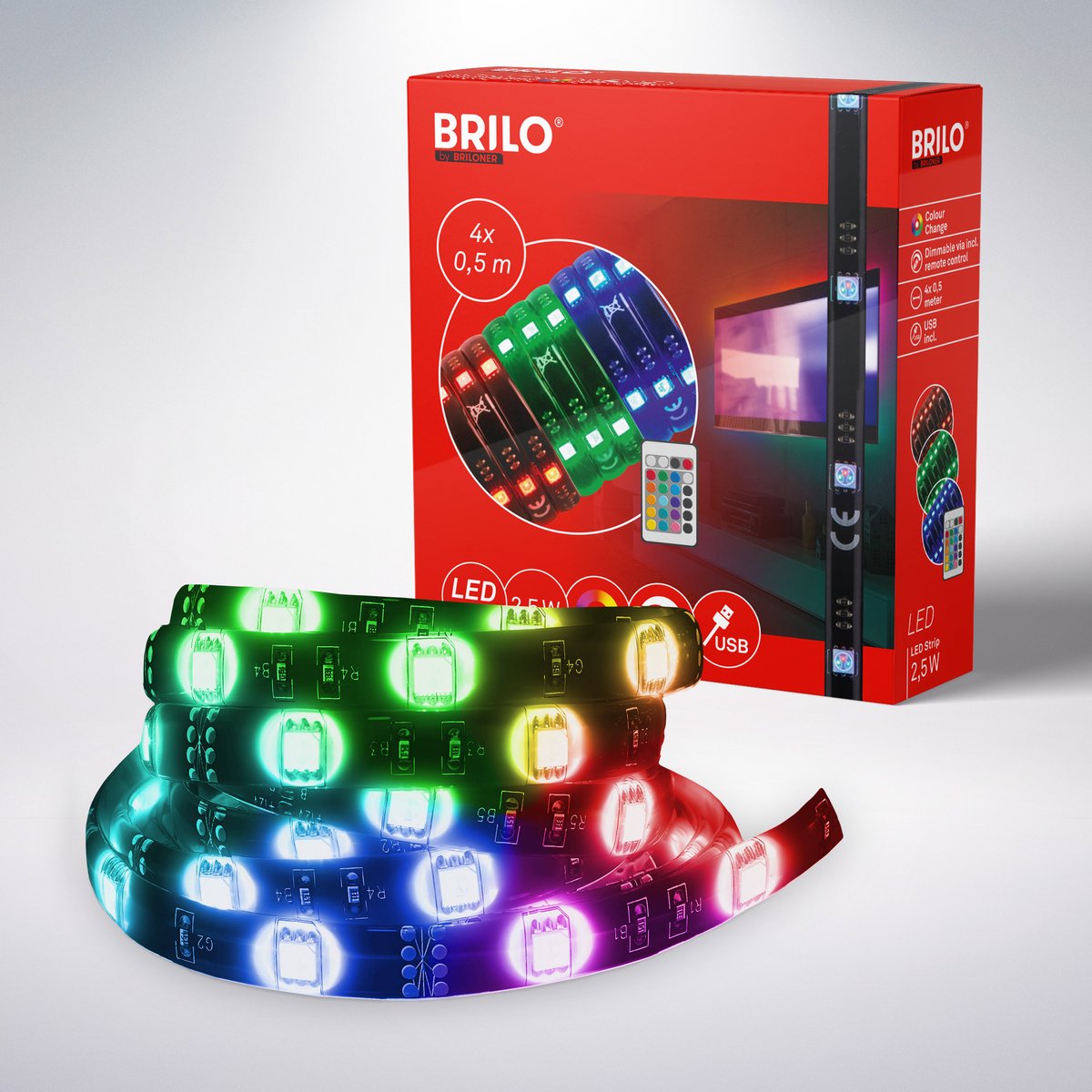 Briloner LED Strip voor TV Verlichting – met RGB – 2 Meter – dimbaar – met Afstandsbediening – USB-aansluiting –zelfklevend – 2.5W wit