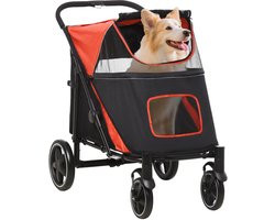 PawHut Hundewagen, Hundebuggy mit Kissen, faltbarer Hundetrolley, Katzenbuggy für große und mittelgroße Hunde, Hundetrolley mit Netzfenster, Sicherheitsleinen, Tasche, Oxfordstoff, Rot
