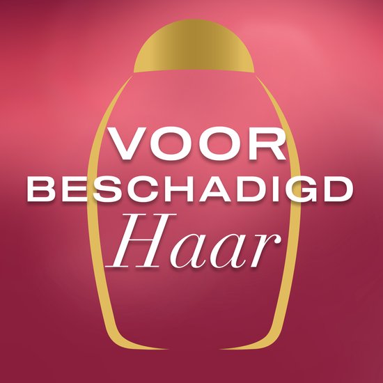 Roze achtergrond met gouden ovaal en witte tekst "VOOR BESCHADIGD Haar".