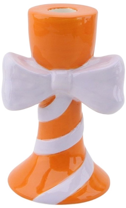 Housevitamin Kaarshouder-Kandelaar - Strik - Keramiek - 9x8x14cm -Oranje/ Lila