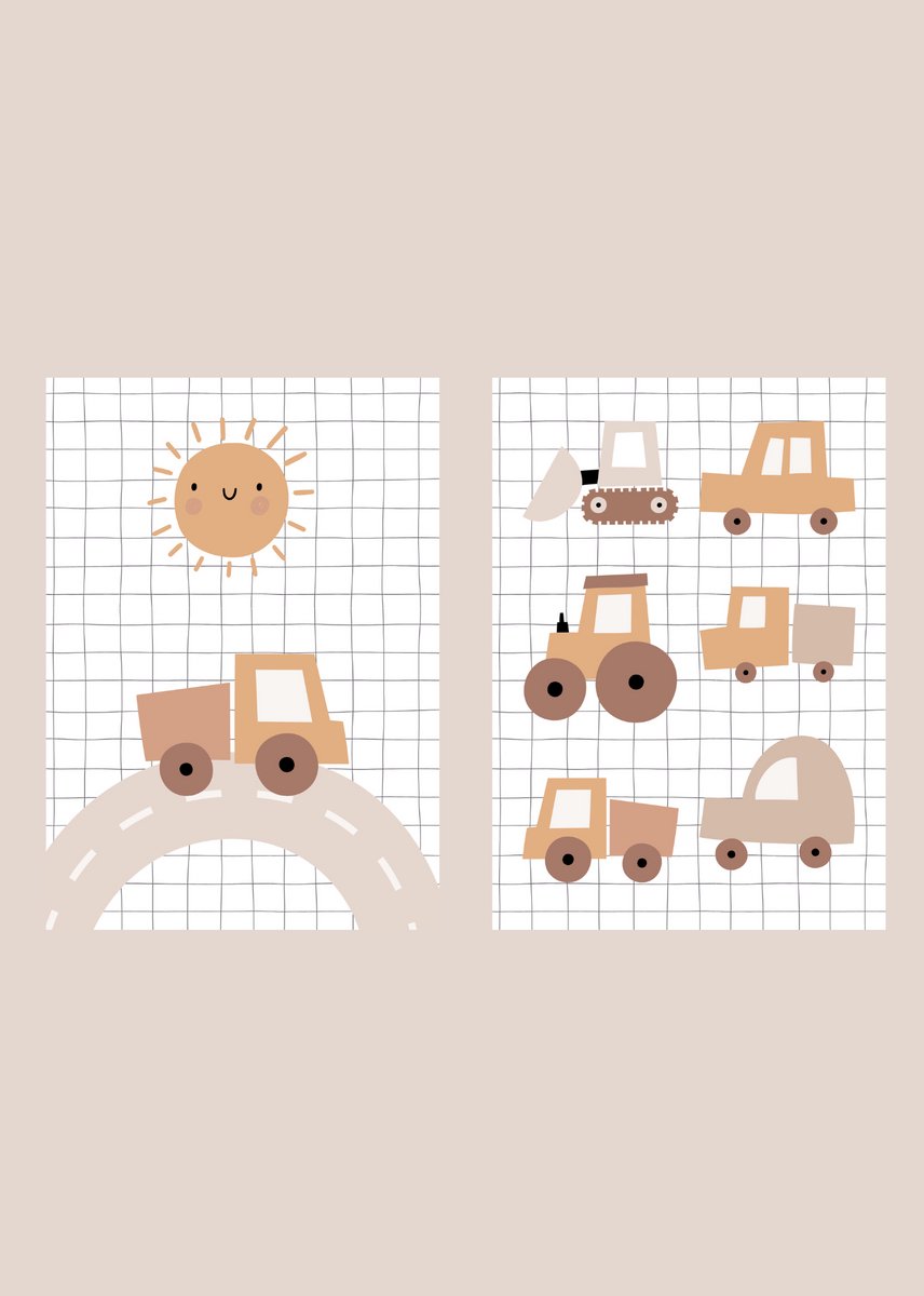 Set van 2 Kinderkamer Posters A4 – Voertuigen Illustraties – Bruintinten – 300 grams glanzend papier