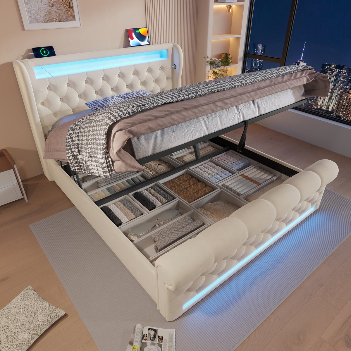 Pugsdrly Modern gestoffeerd tweepersoonsbed 140 x 200 cm, gestoffeerd bed met ledverlichting, hoofdeinde met opbergruimte en USB- en Type-C-poorten, bed met hydraulische opbergruimte, beige, fluweel (zonder matras)