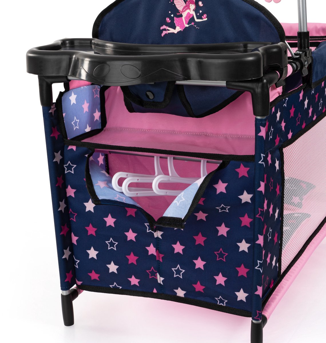 Bayer Design - Poppenbed met geïntegreerde kinderstoel, kastcompartiment, mobiel, kussen, dekbed, poppenaccessoires in blauw met sterren — afbeelding 2