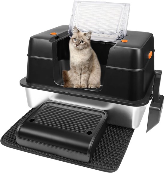 Roestvrij stalen kattenbak met deksel, XXXL gesloten metalen kattenbak Roestvrij stalen kattenbak met deksel, XXXL gesloten metalen kattenbak