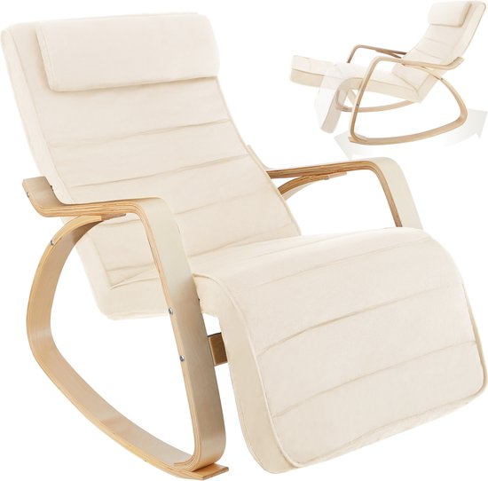 tectake® Schommelstoel met kussen – Relaxstoel, loungestoel & fauteuil voor de woonkamer - Schommelstoel, voedingsstoel voor de babykamer – Comfortabele TV-stoel met voetensteun – Beige