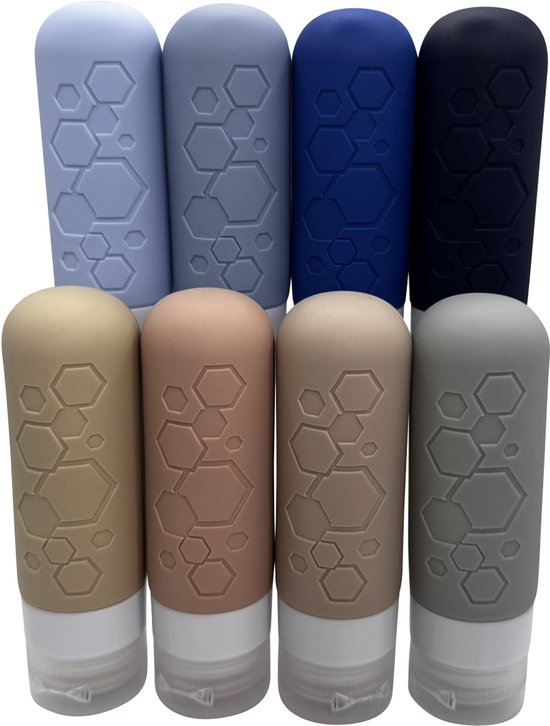 Siliconen reisflesjes 90ml – 8 stuks – sand beige & sky blauw – lekvrij