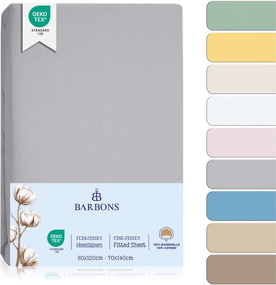 Lichtgrijs Barbons hoeslaken van 100% katoen.  Oeko-Tex Standard 100 gecertificeerd.  Verkrijgbaar in meerdere kleuren.