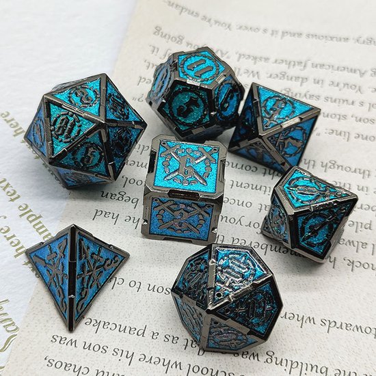 Joya Kids® Dungeons and Dragons Dobbelsteen set | Polydice DnD Dobbelstenen Set | D&D Dice set | Metal dice 7 stuks set | Incl Luxe Opbergdoos | Metalen Dobbelstenen Donker Blauw