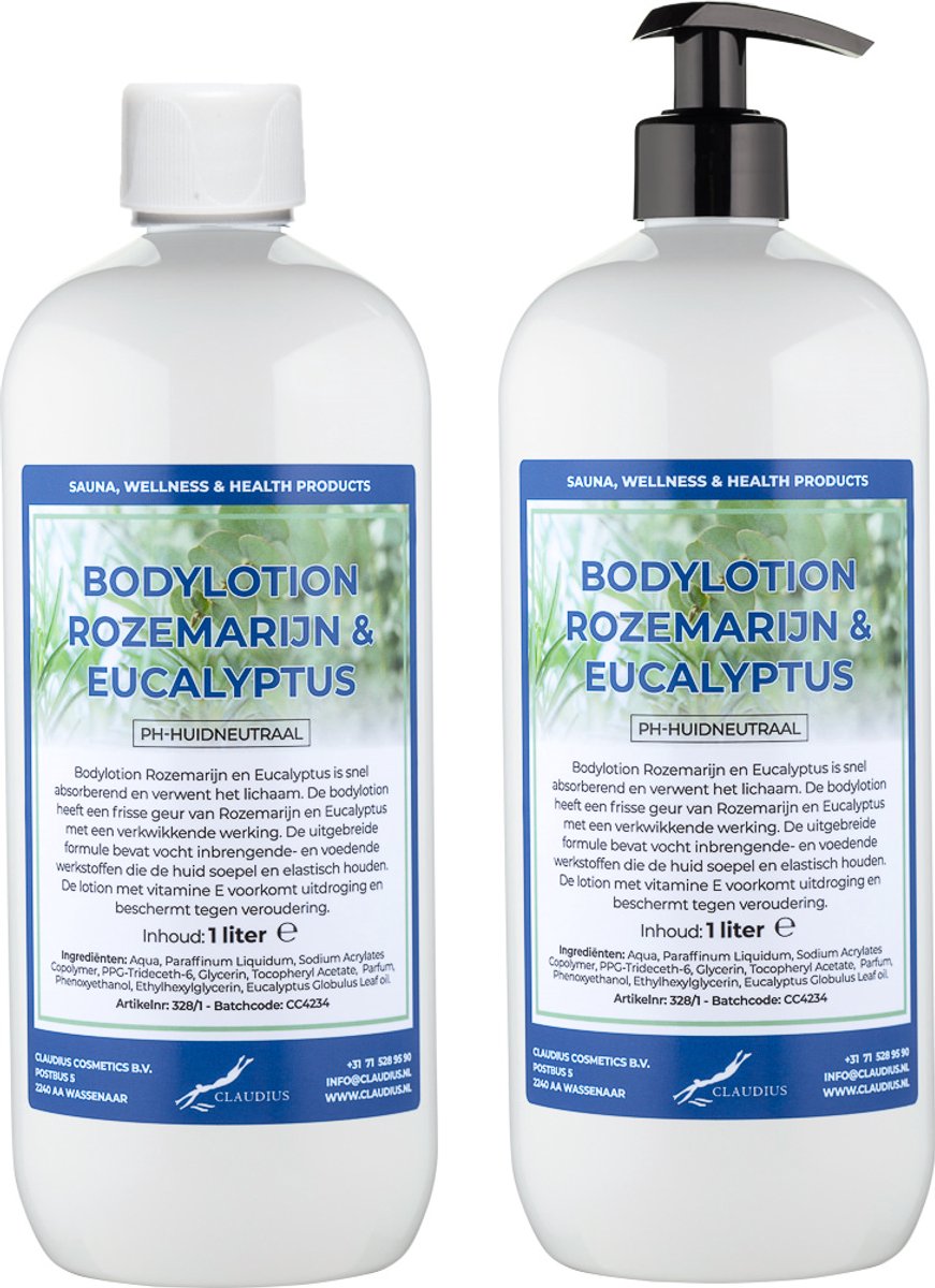 Bodylotion Rozemarijn & Eucalyptus 1 Liter - met gratis pomp - set van 2 stuks