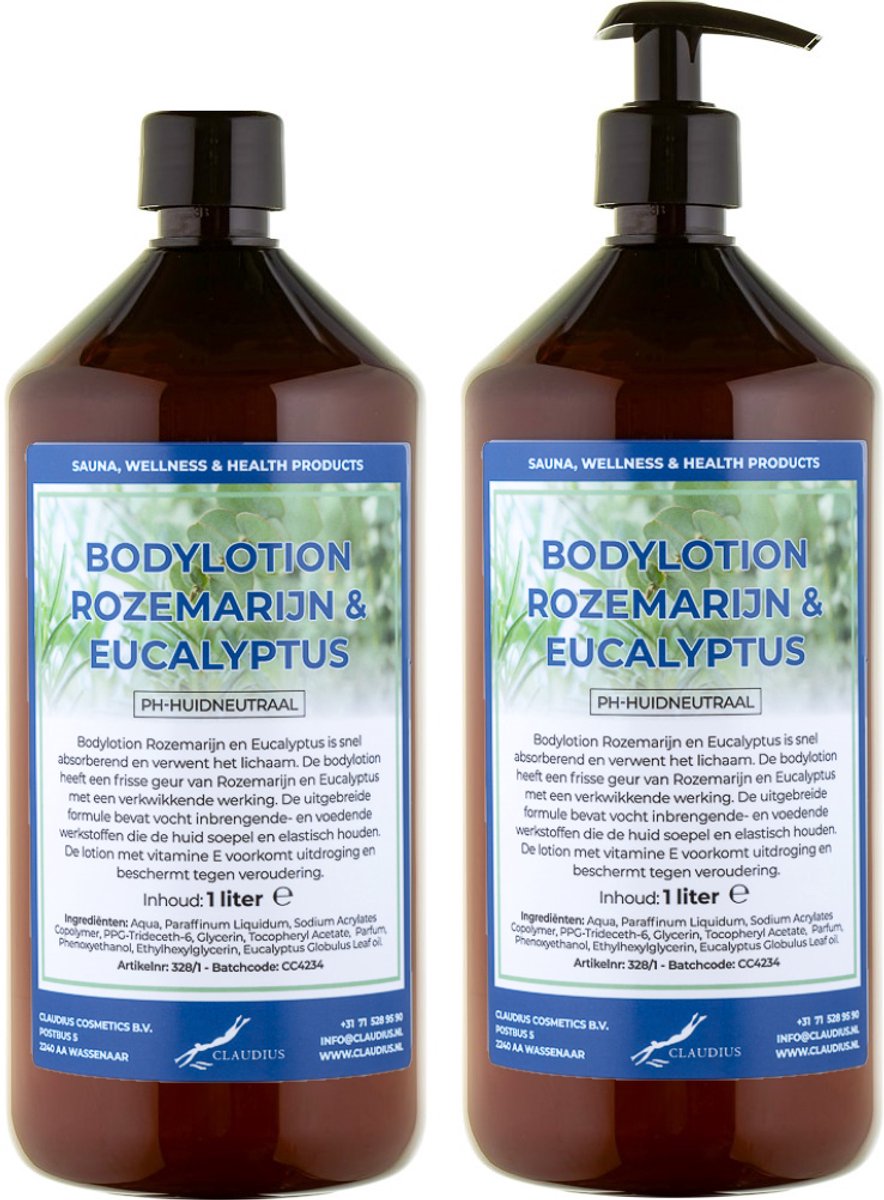Bodylotion Rozemarijn & Eucalyptus 1 Liter - met gratis pomp - set van 2 stuks