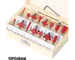 Freesset- 15 stuks 6 mm schacht freesset met wolfraamcarbide punt-met houten kist- houtfrees met dubbele groef-Schachtdiameter 6mm - voor handwerk en doe-het-zelf