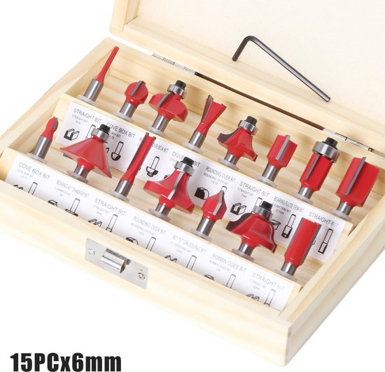 Freesset- 15 stuks 6 mm schacht freesset met wolfraamcarbide punt-met houten kist- houtfrees met dubbele groef-Schachtdiameter 6mm - voor handwerk en doe-het-zelf