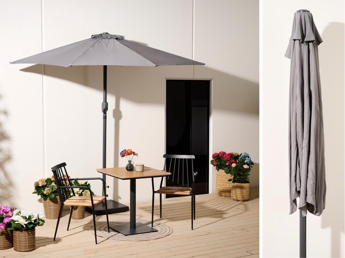 Fameilleur Halve Parasol voor Balkon – 270x135 cm – Antraciet – Ruimtebesparend Zonnescherm – UV-bestendig – Lichtgewicht – Tuinparasol – Ideaal voor Balkon, Terras of Stadstuin – Zonder Voet –balkonparasol- balkon parasols